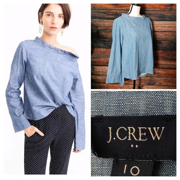 J. Crew Tops - J Crew Top Size 10 Chambray Funnel Neck Button Shoulder Hi Low Hem